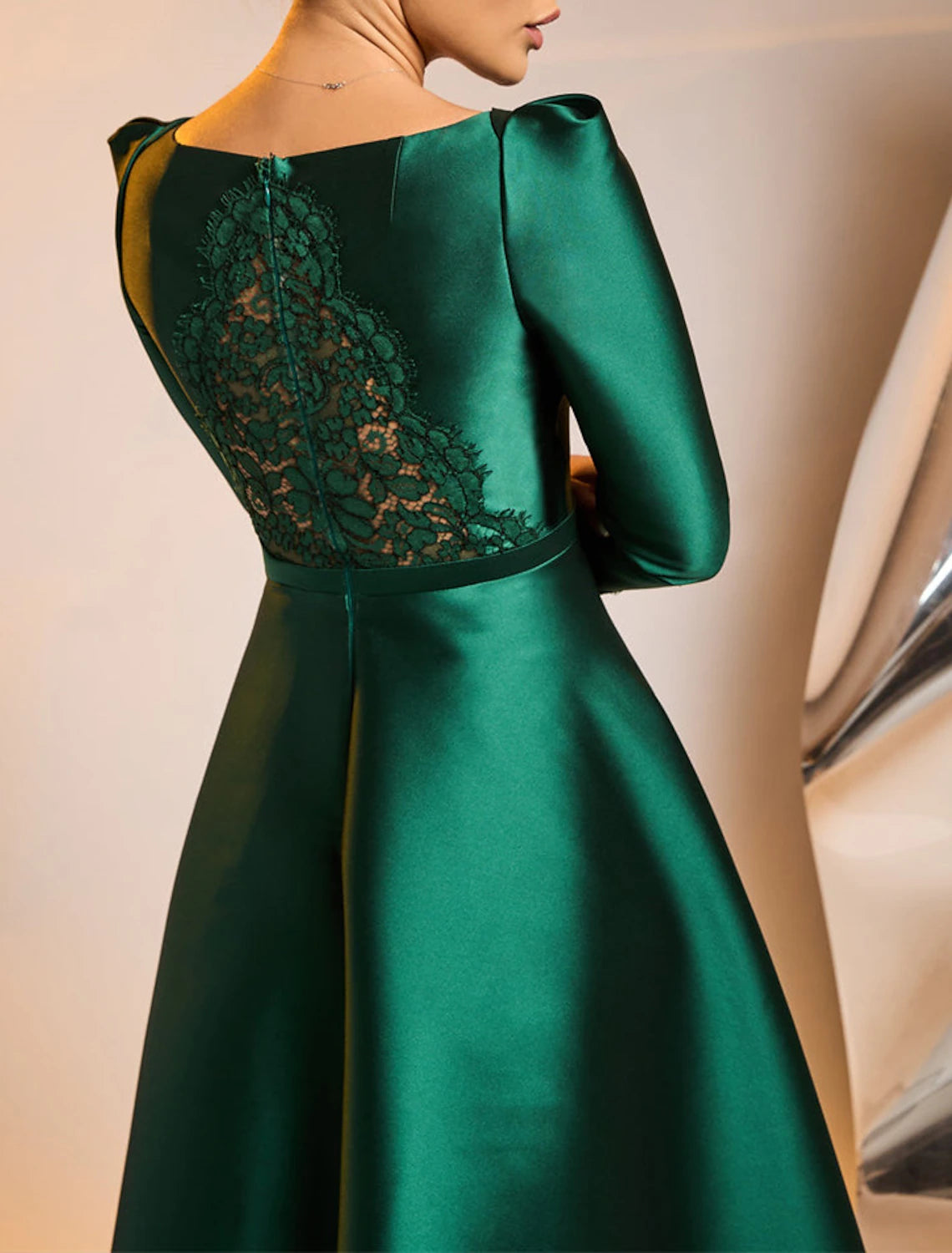 Wholesale A-Line Cocktail Dresses Elegant Dress Wedding Guest Tea Length Long Sleeve Jewel Neck Satin with Appliques